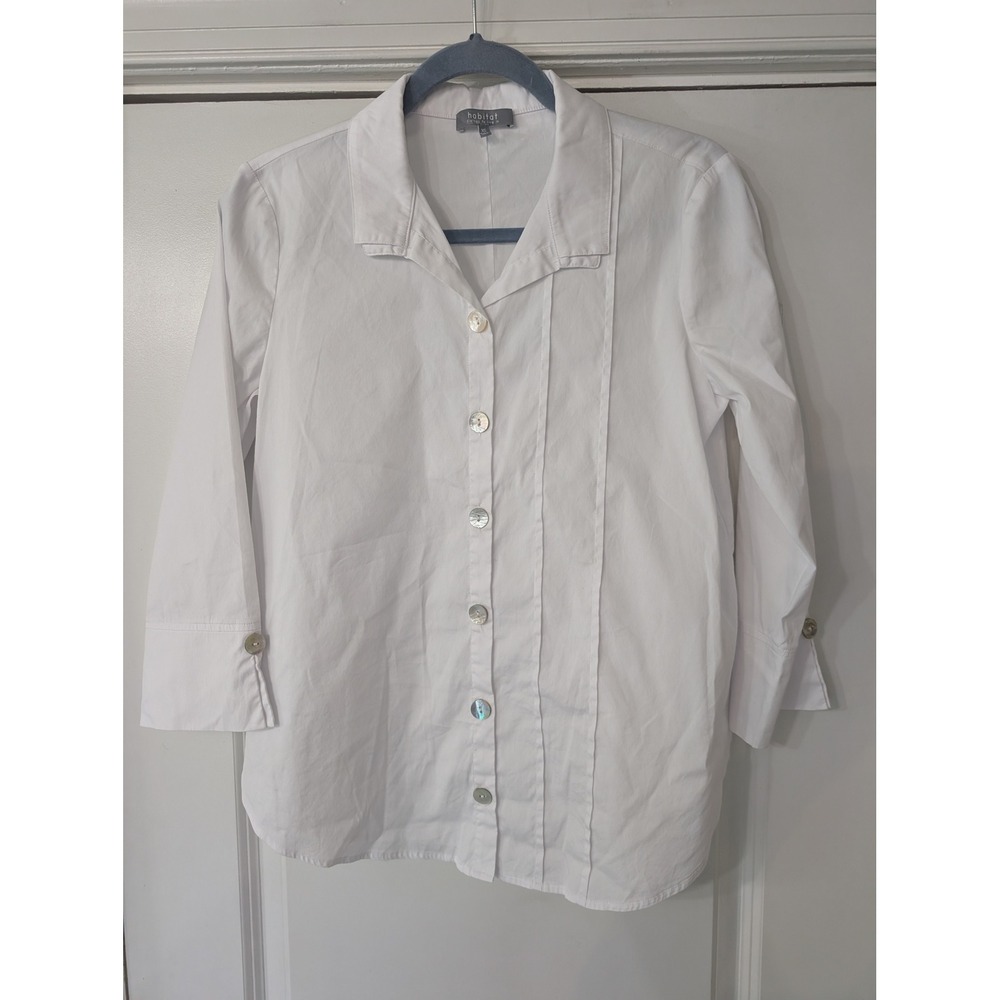 Habitat White Pintuck Button Down Shirt 3/4 Sleeve XS artsy classic minimalist